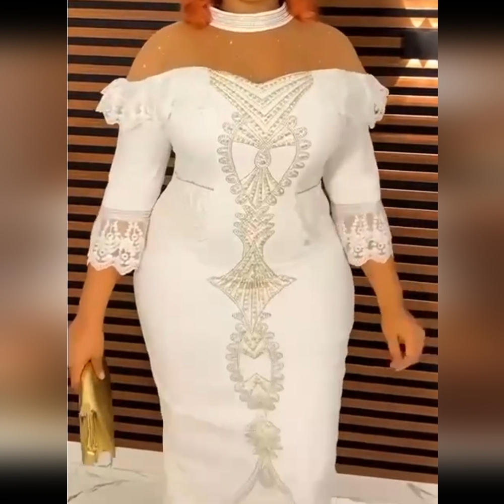 Gold and White Bodycon Dress with Off the Shoulder Neckline and Bell Sleeves